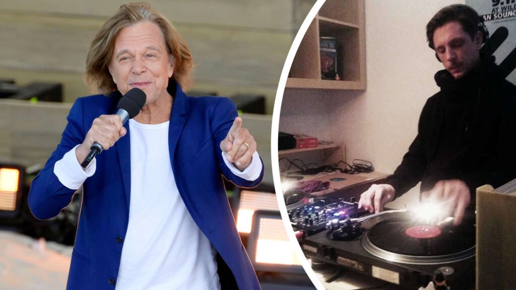 Fotomontage: Jürgen Drews singt in ein Mikrofon, neben ihm sein Sohn Fabian Drews als DJ an den Plattenspielern.