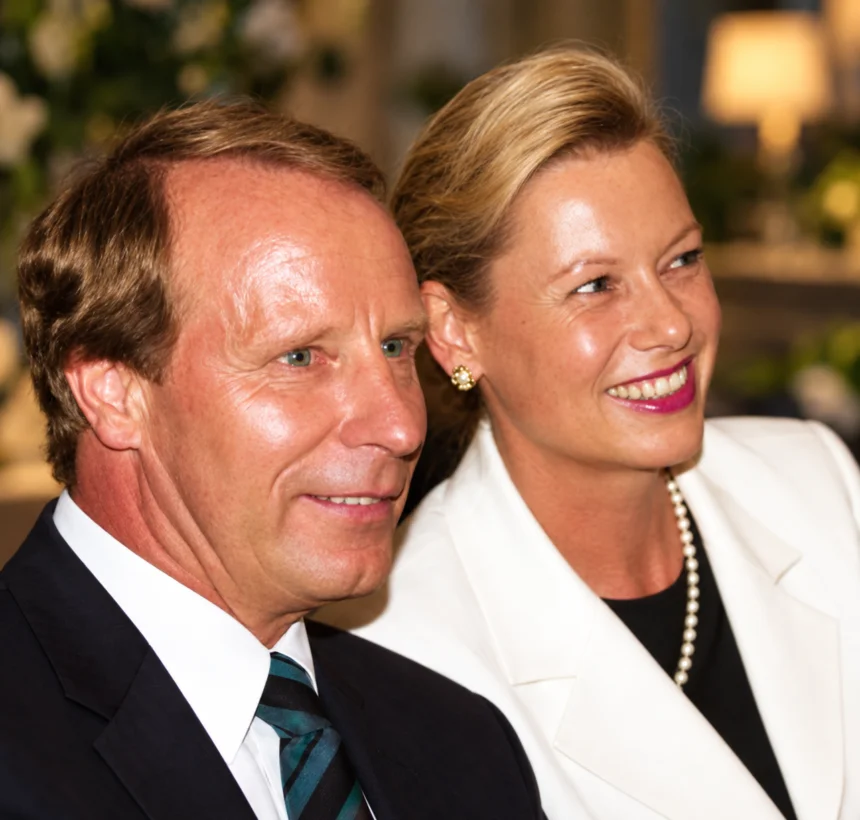 Monika Vogts lächelt in einem weißen Blazer an der Seite ihres damaligen Ehemanns Berti Vogts bei einem Empfang.